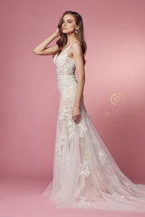 Nox Anabel H-493 V-Neck Tulle Wedding Gown with Train
