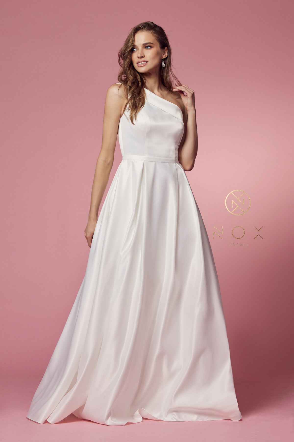 Nox Anabel E-469 One Shoulder Satin A-Line Wedding Gown
