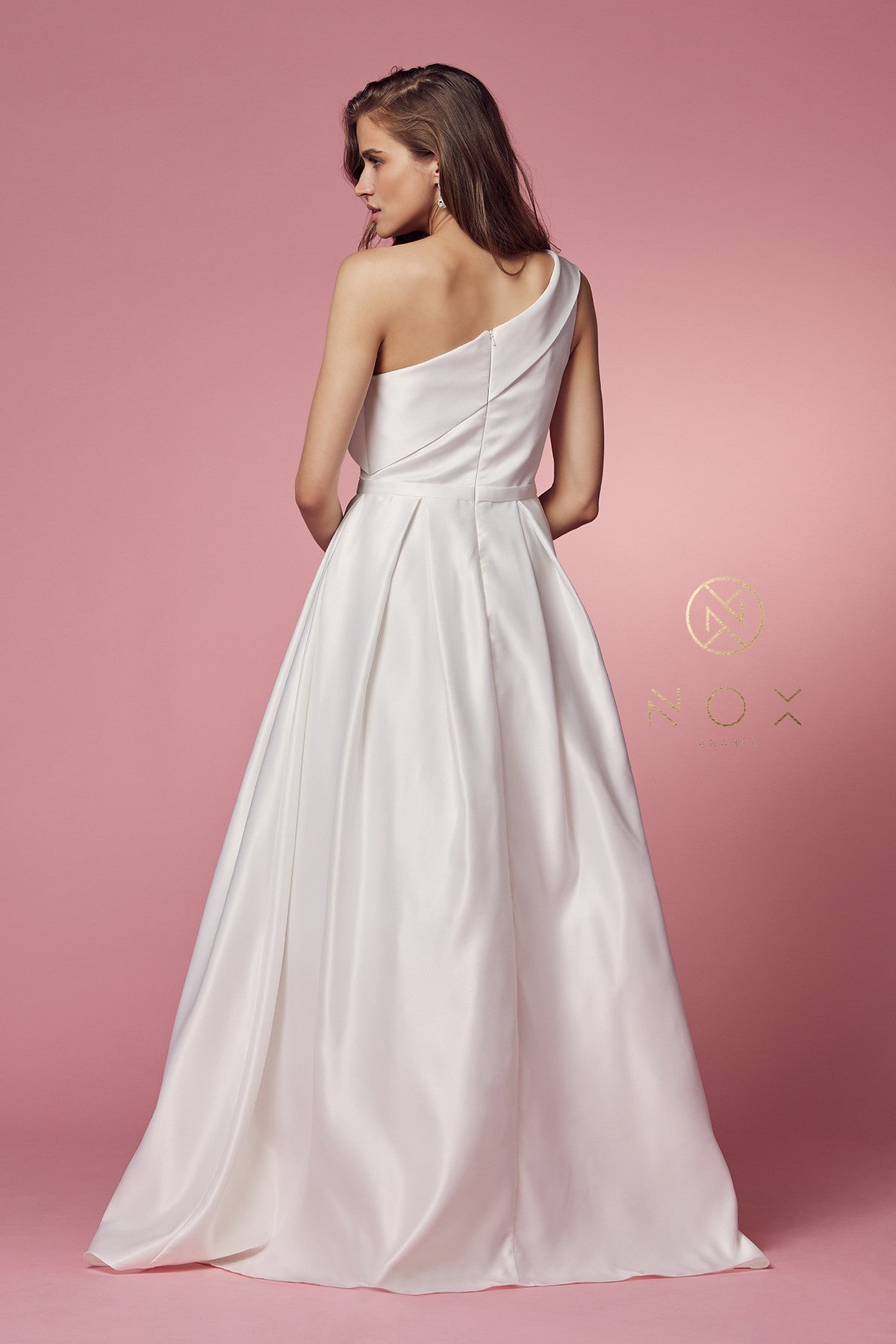 Nox Anabel E-469 One Shoulder Satin A-Line Wedding Gown