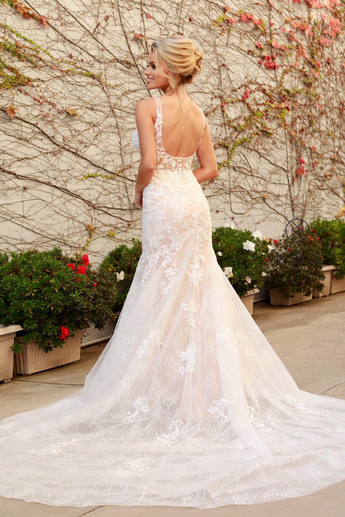 Nox Anabel H-493 V-Neck Tulle Wedding Gown with Train
