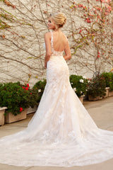 Nox Anabel H-493 V-Neck Tulle Wedding Gown with Train