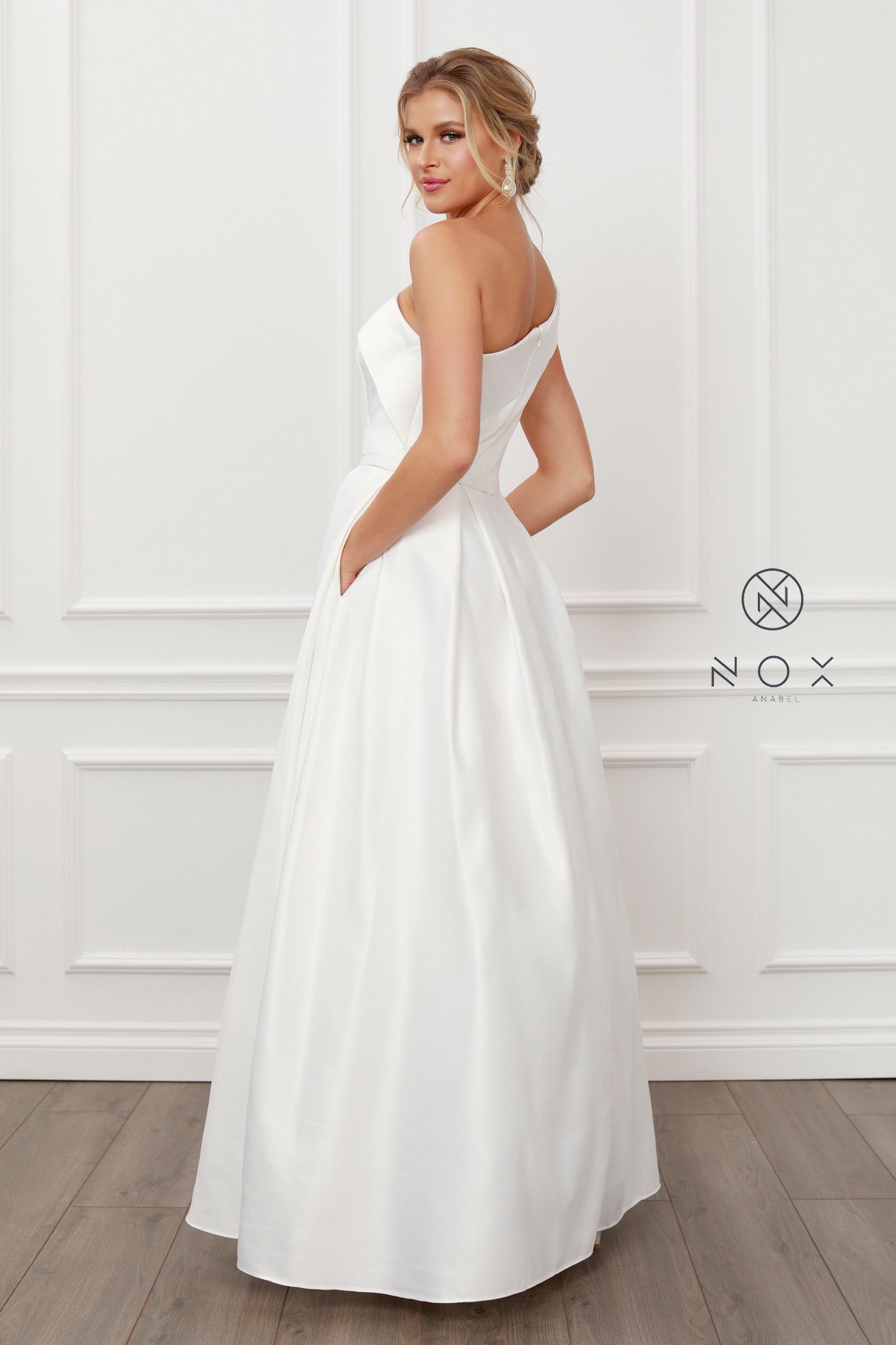 Nox Anabel E-469 One Shoulder Satin A-Line Wedding Gown