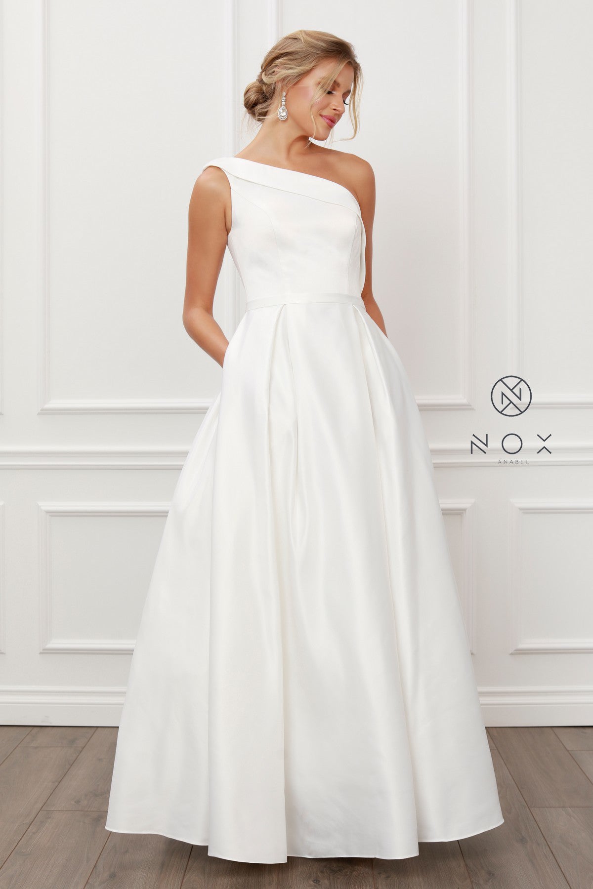Nox Anabel E-469 One Shoulder Satin A-Line Wedding Gown