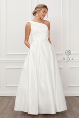 Nox Anabel E-469 One Shoulder Satin A-Line Wedding Gown