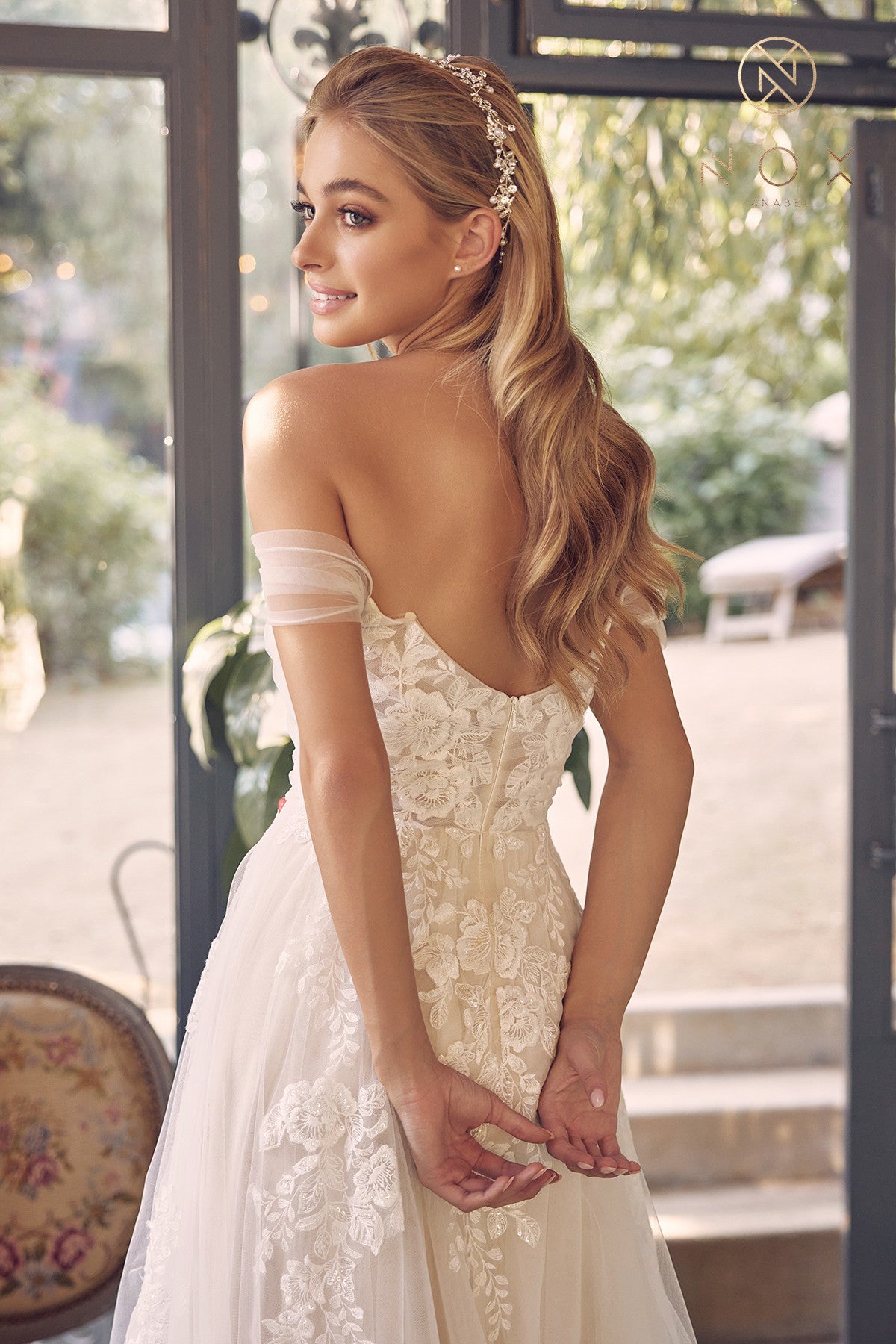 Nox Anabel JE-953 Off-Shoulder Embroidered Tulle A-line Wedding Gown