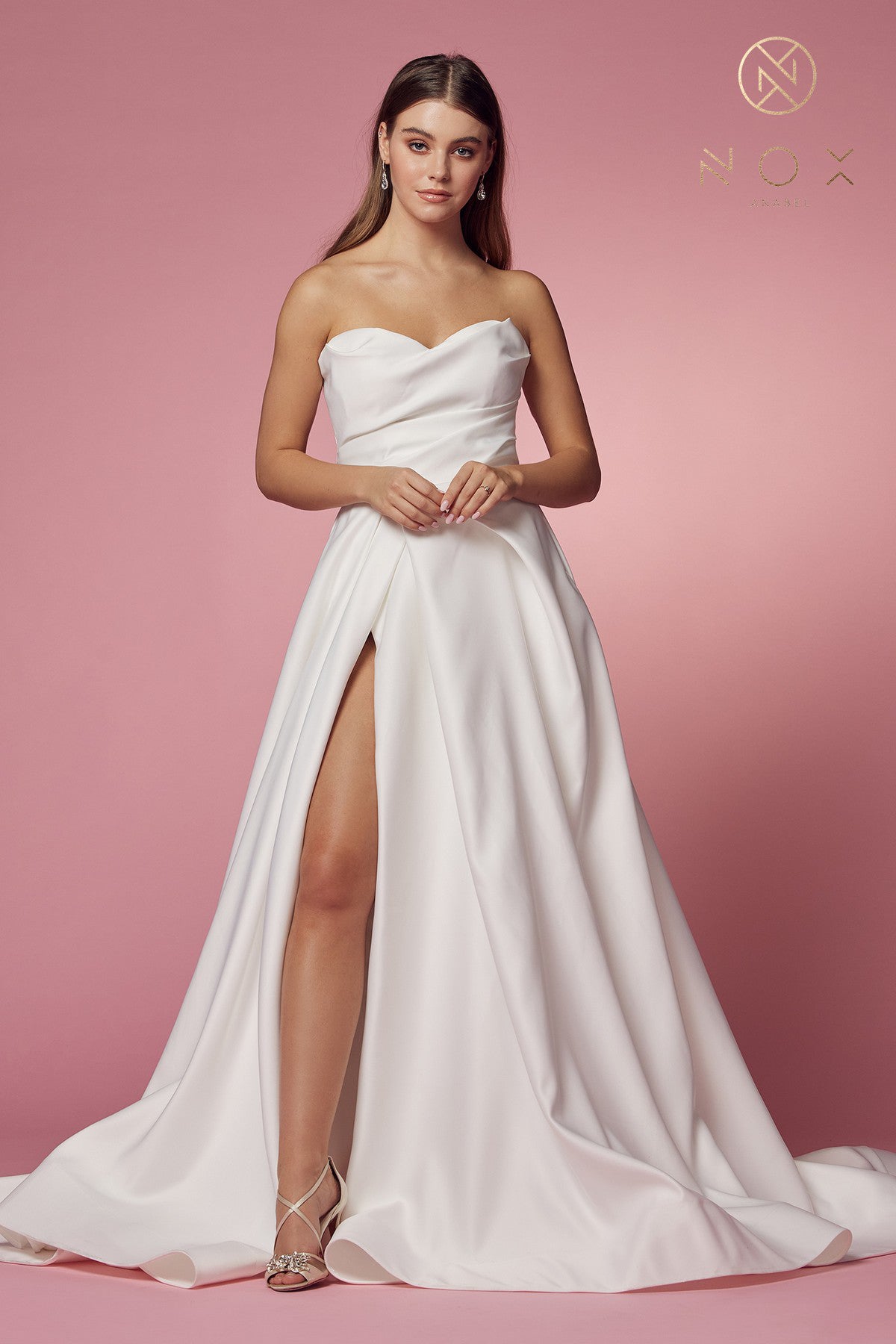 Nox Anabel JW-938 Satin Strapless A-line High Slit Wedding Gown