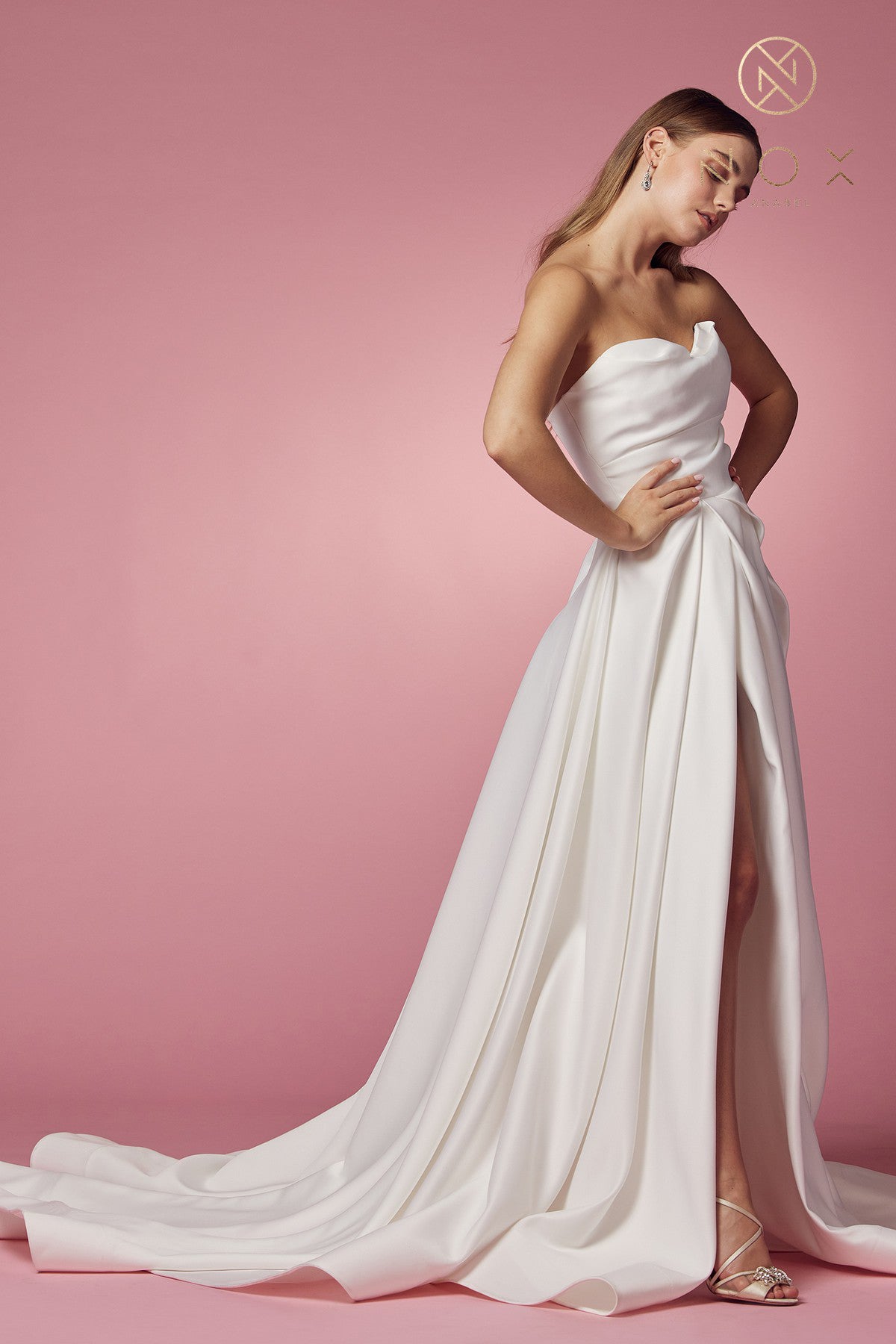 Nox Anabel JW-938 Satin Strapless A-line High Slit Wedding Gown