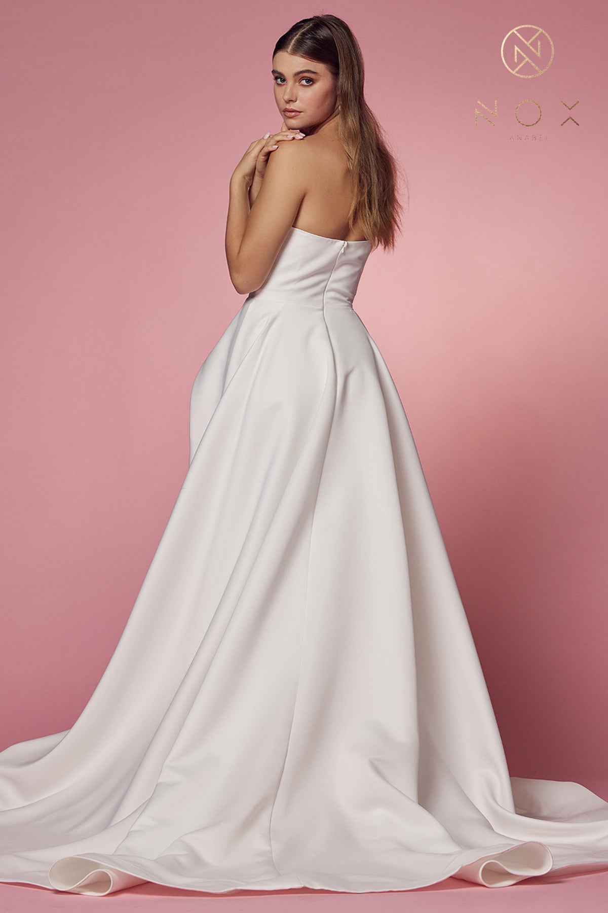 Nox Anabel JW-938 Satin Strapless A-line High Slit Wedding Gown