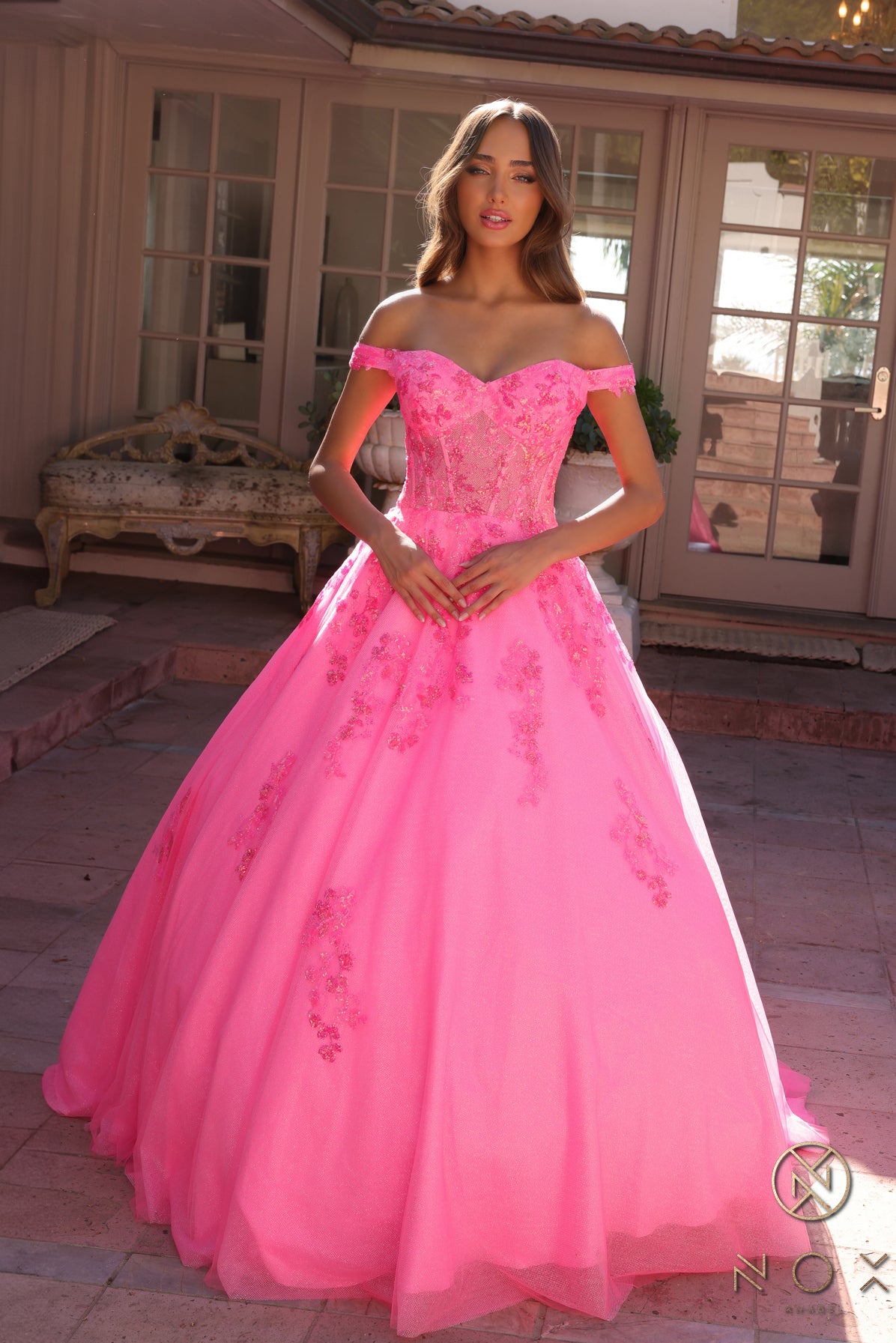 Nox Anabel 1352-H Floral Applique Off the Shoulder Quinceanera or Prom Gown