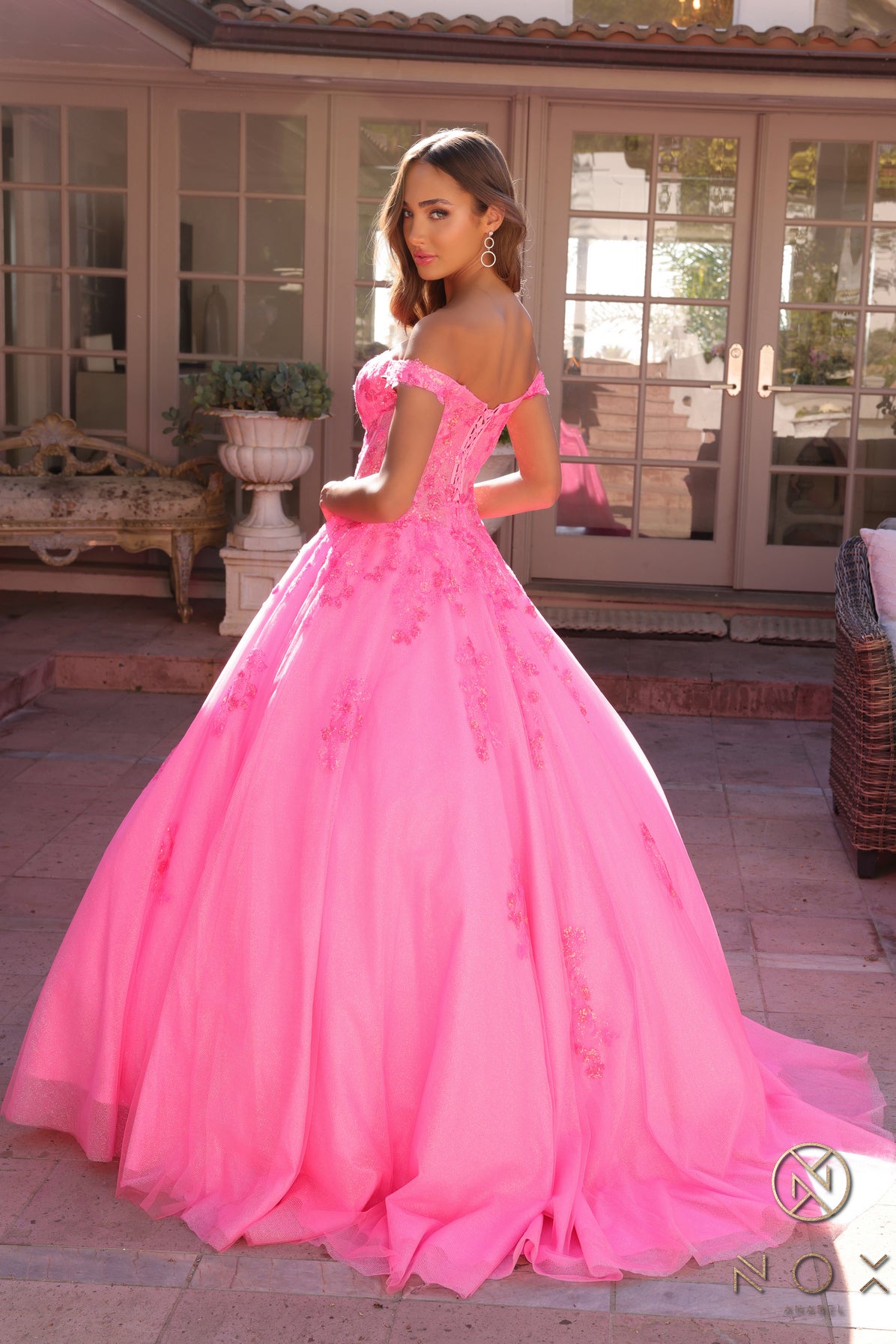 Nox Anabel 1352-H Floral Applique Off the Shoulder Quinceanera or Prom Gown