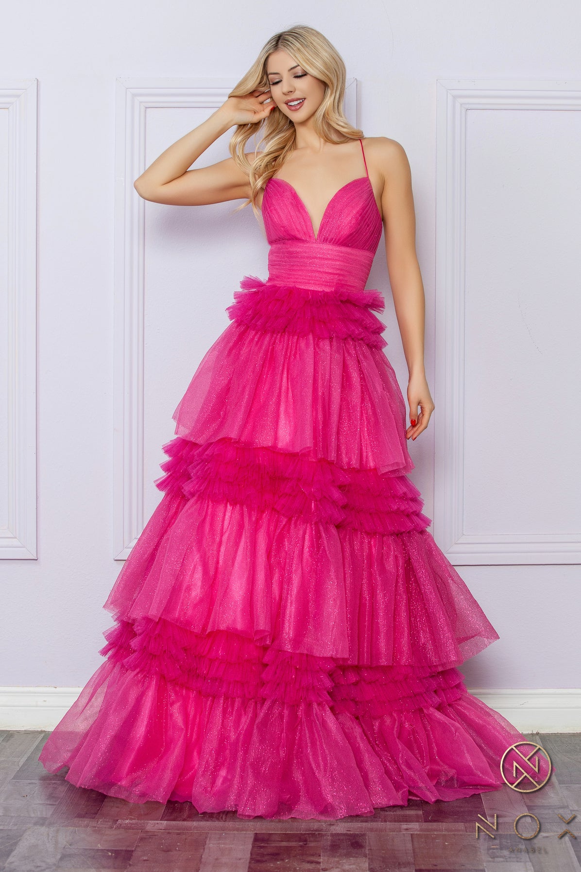 Nox Anabel 1316-R Layered Glitter Tulle A-line Prom Gown