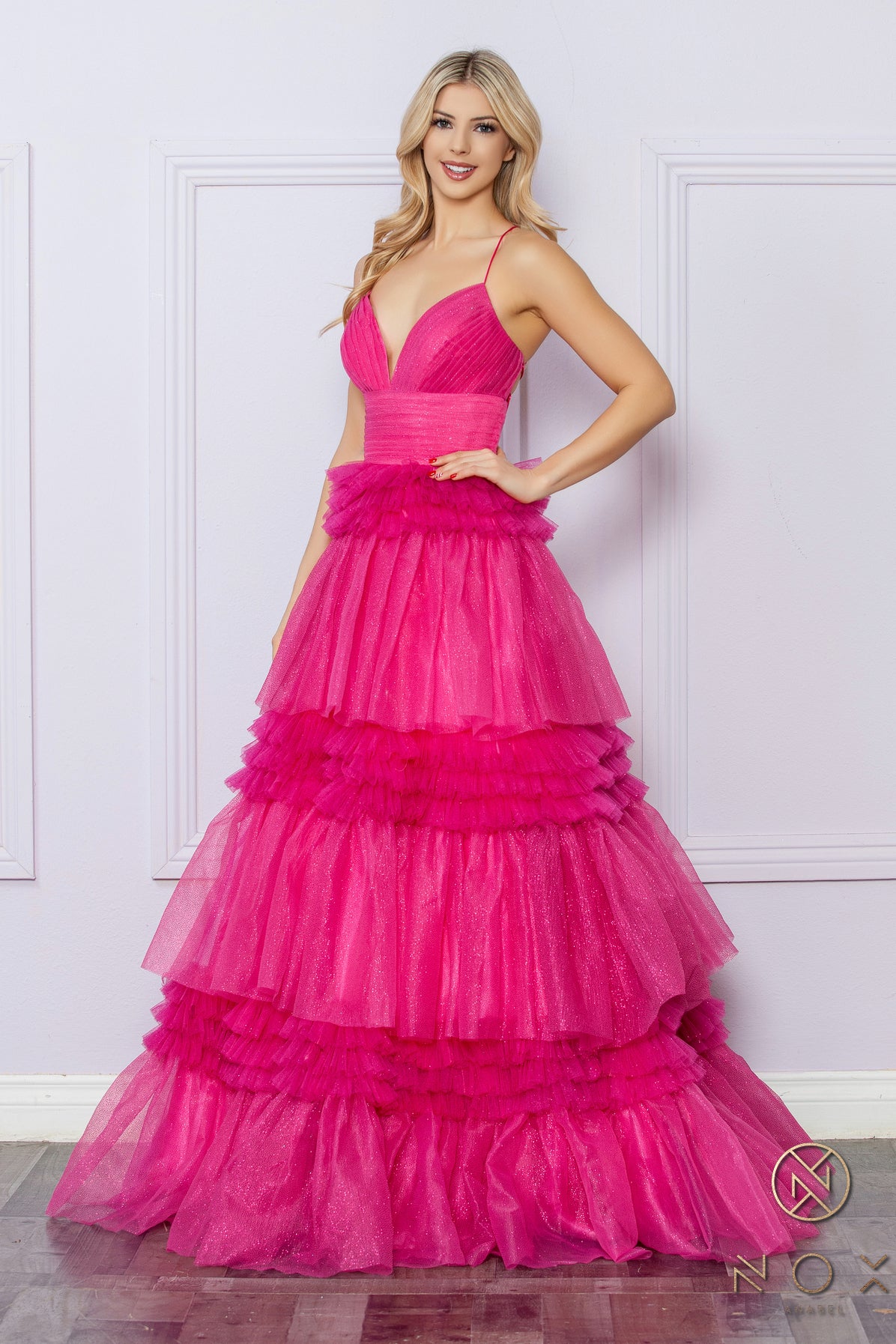 Nox Anabel 1316-R Layered Glitter Tulle A-line Prom Gown