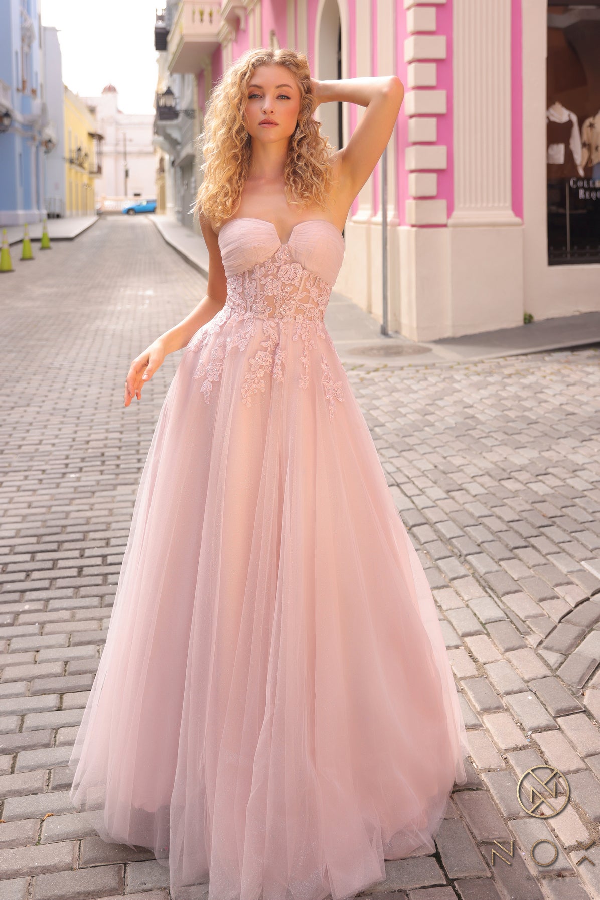 Nox Anabel 1326-T Embroidered A-line Glitter Tulle Formal Prom Gown