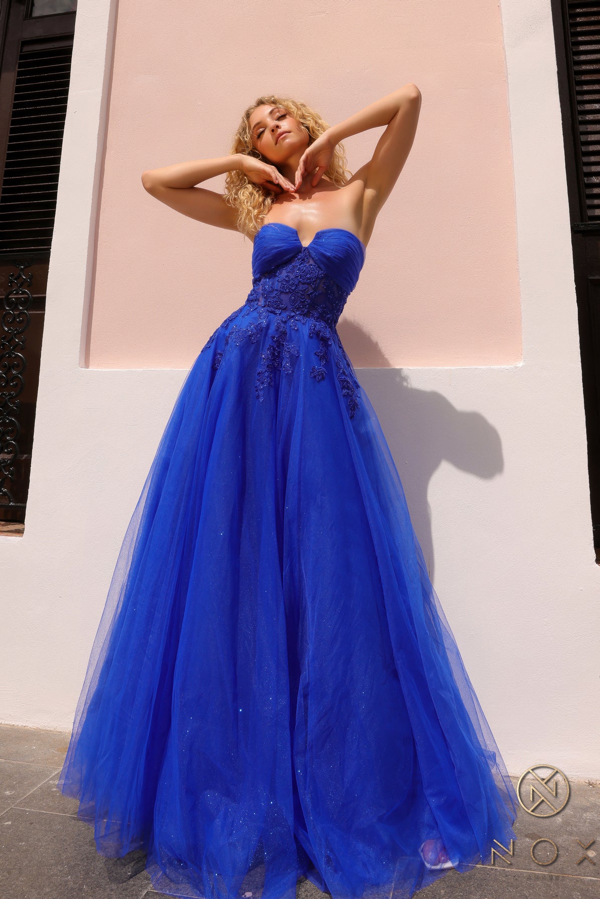 Nox Anabel 1326-T Embroidered A-line Glitter Tulle Formal Prom Gown