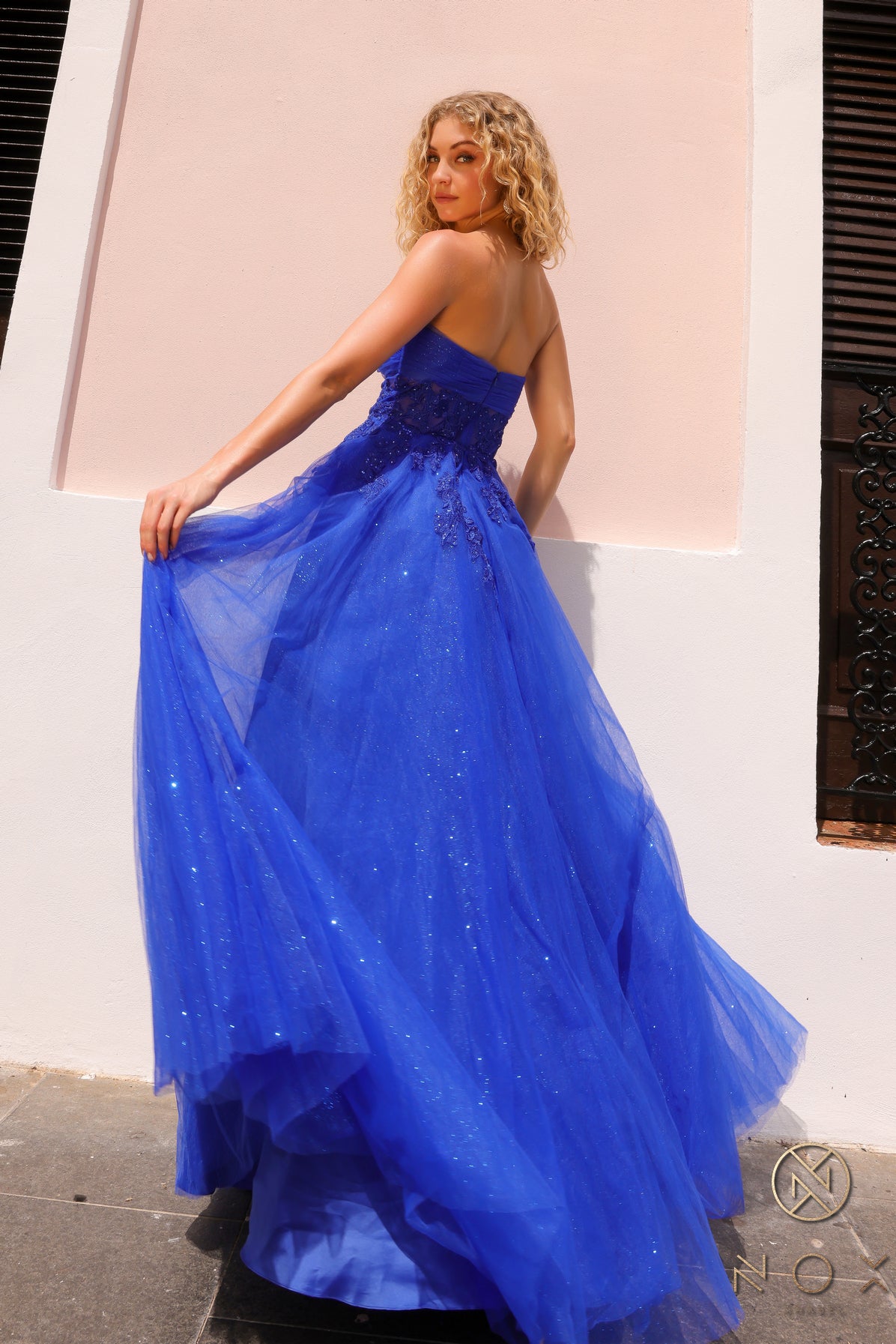 Nox Anabel 1326-T Embroidered A-line Glitter Tulle Formal Prom Gown