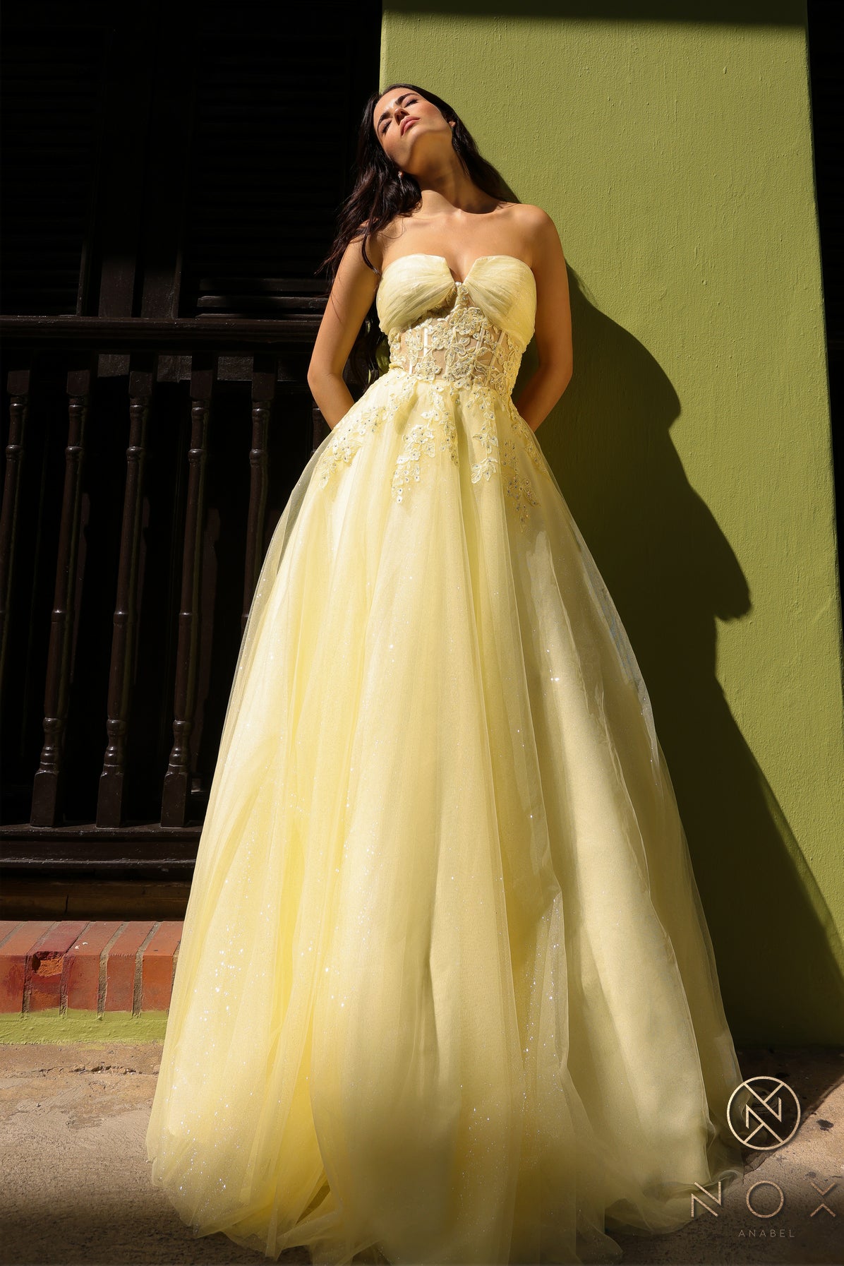 Nox Anabel 1326-T Embroidered A-line Glitter Tulle Formal Prom Gown