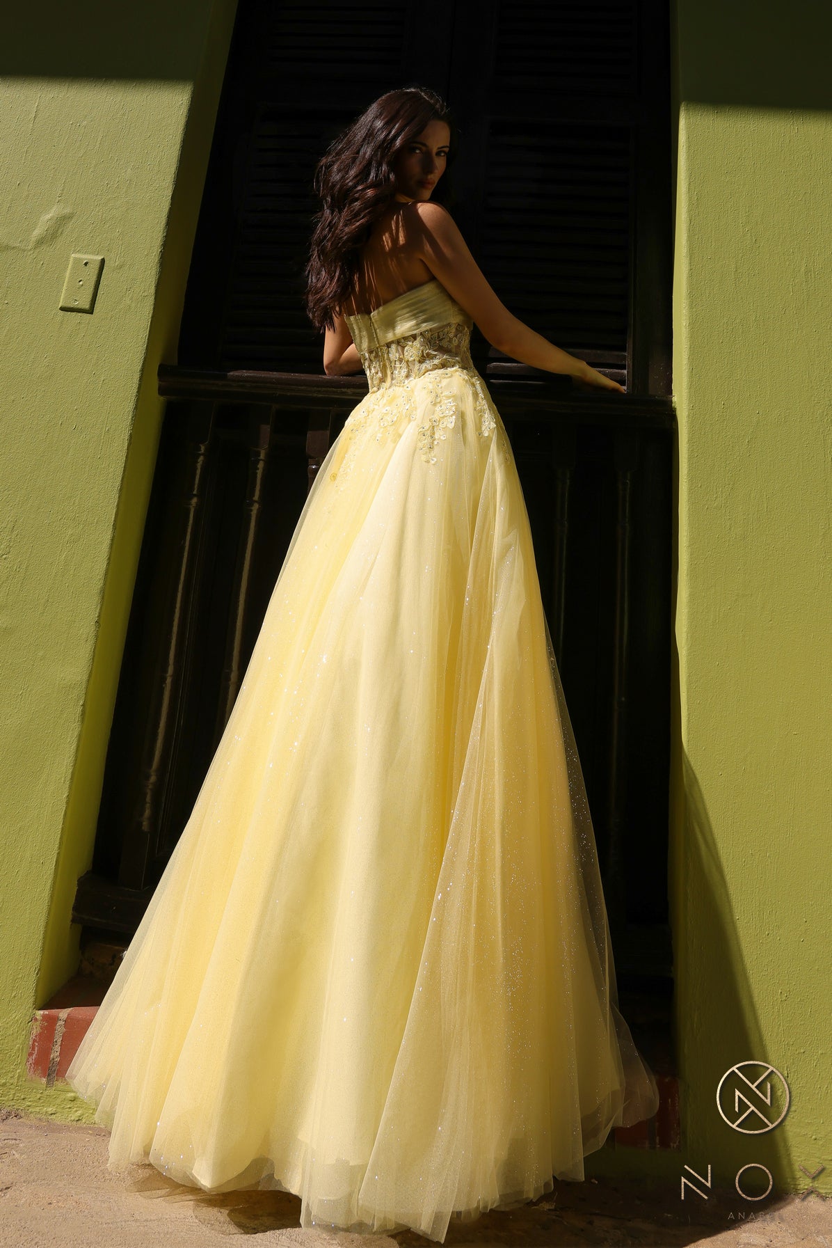 Nox Anabel 1326-T Embroidered A-line Glitter Tulle Formal Prom Gown