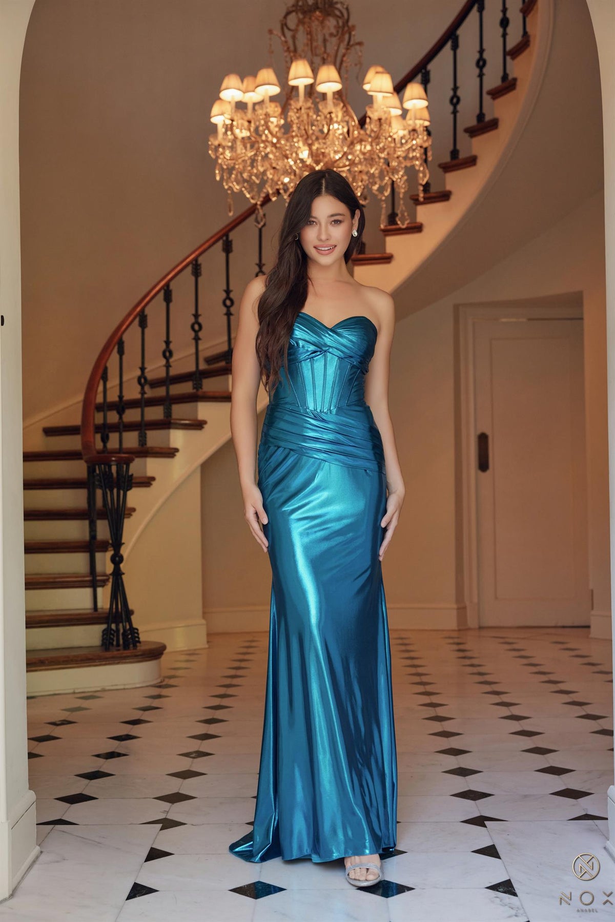 Nox Anabel T-1499 Strapless Lace Up Pleated Metallic Prom Dress