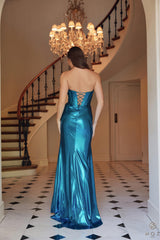 Nox Anabel T-1499 Strapless Lace Up Pleated Metallic Prom Dress
