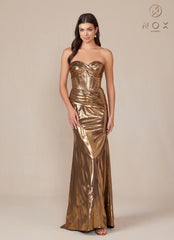 Nox Anabel T-1499 Strapless Lace Up Pleated Metallic Prom Dress