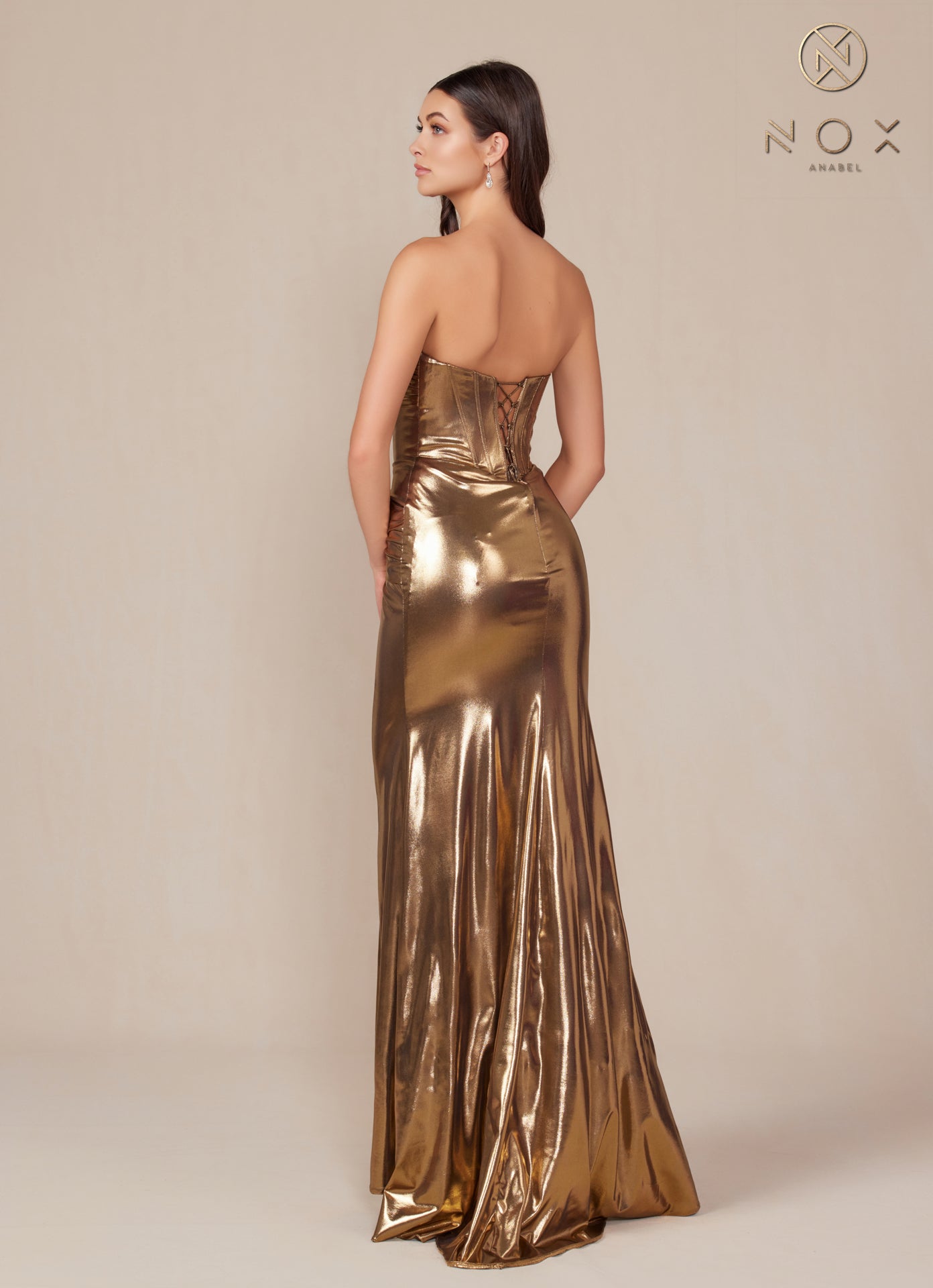 Nox Anabel T-1499 Strapless Lace Up Pleated Metallic Prom Dress