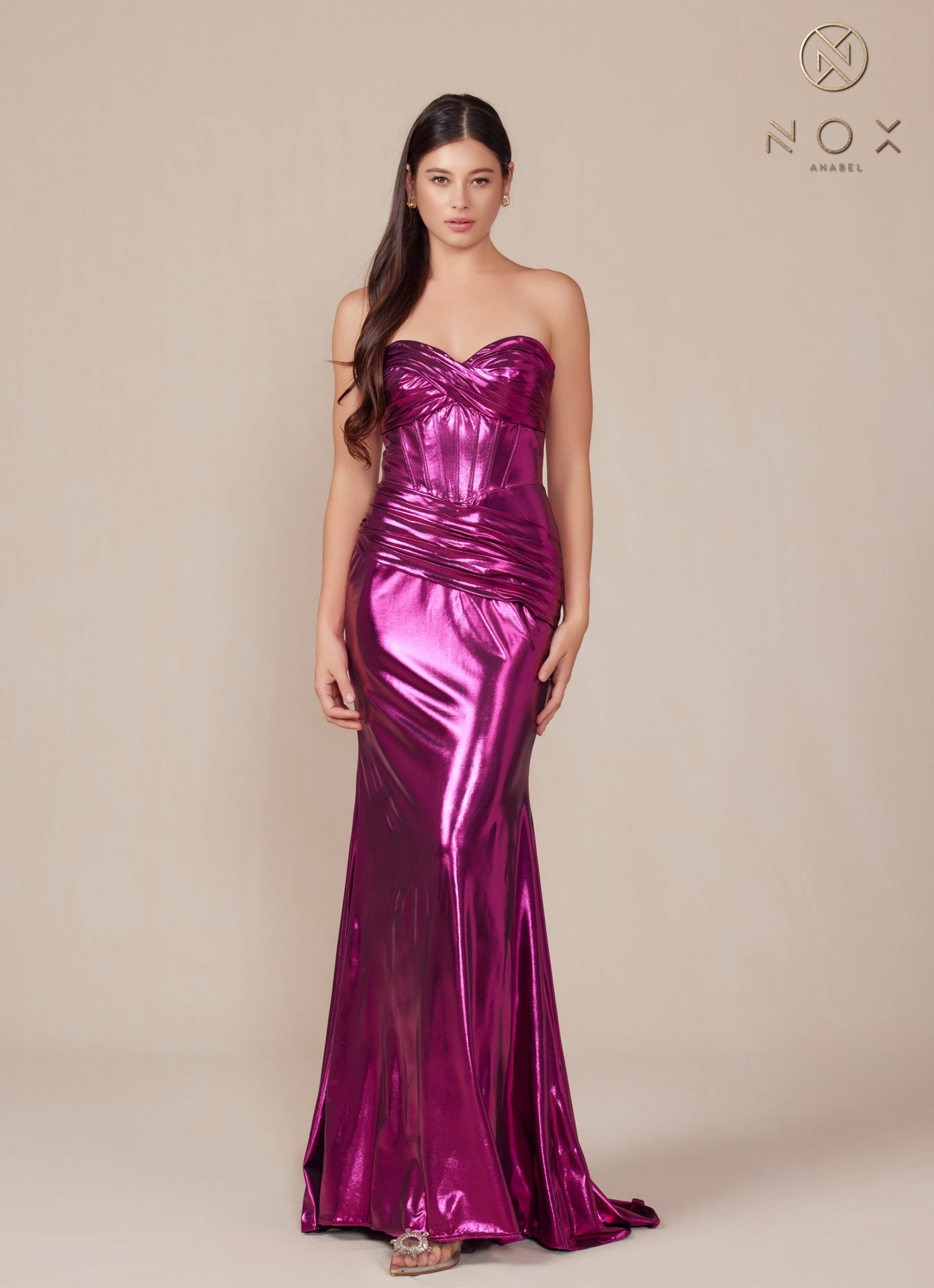 Nox Anabel T-1499 Strapless Lace Up Pleated Metallic Prom Dress