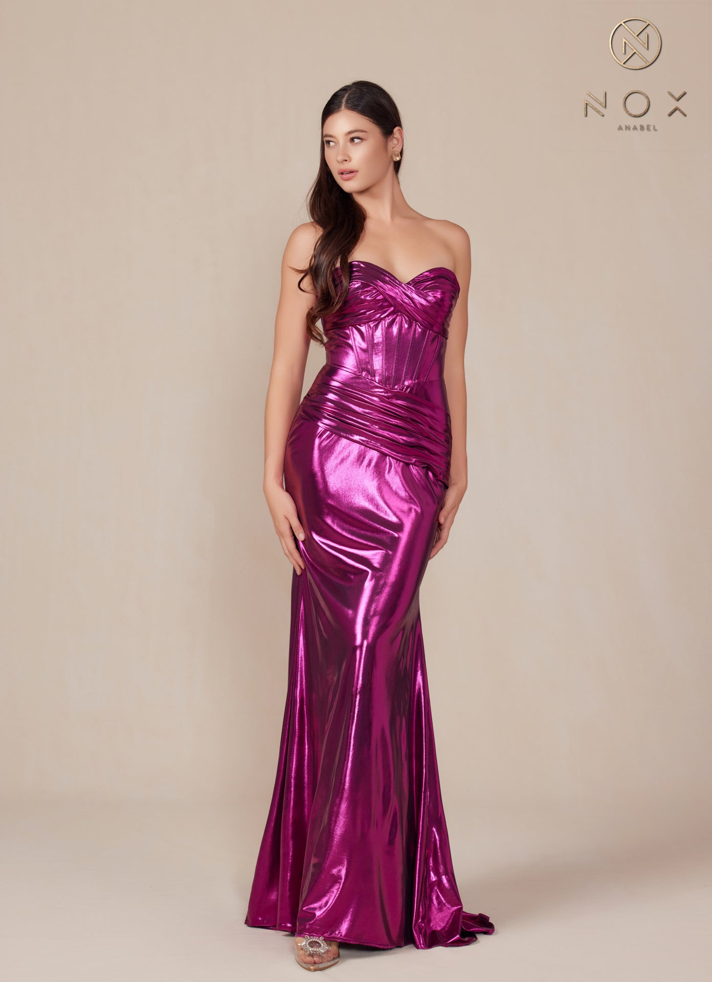 Nox Anabel T-1499 Strapless Lace Up Pleated Metallic Prom Dress