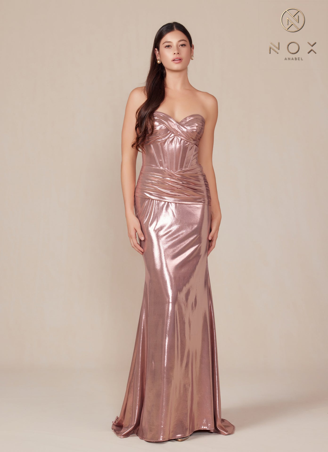 Nox Anabel T-1499 Strapless Lace Up Pleated Metallic Prom Dress