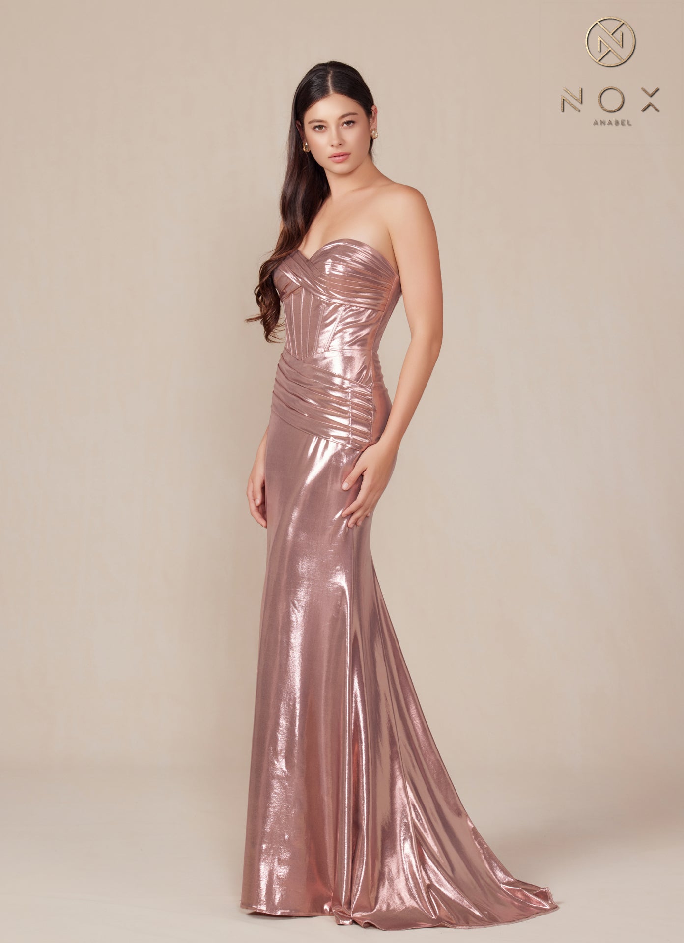 Nox Anabel T-1499 Strapless Lace Up Pleated Metallic Prom Dress