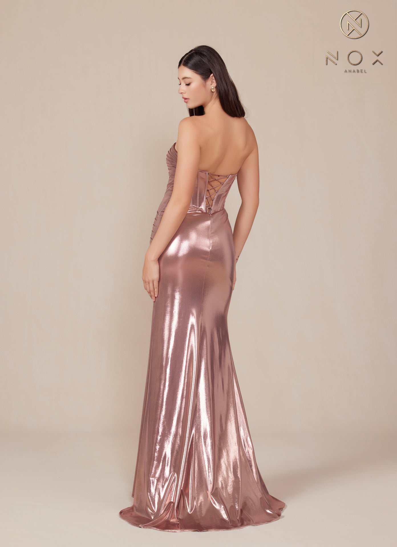 Nox Anabel T-1499 Strapless Lace Up Pleated Metallic Prom Dress