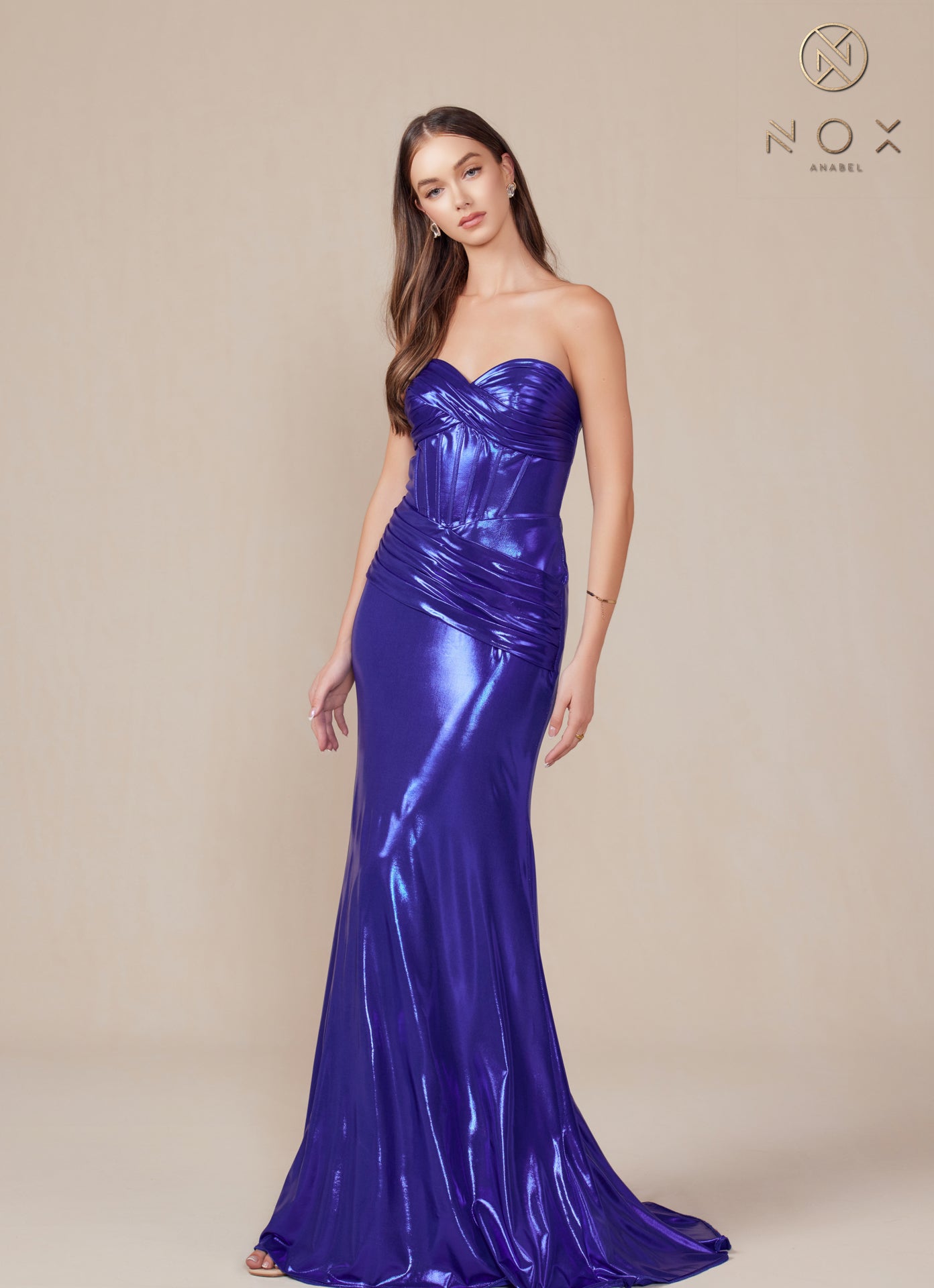 Nox Anabel T-1499 Strapless Lace Up Pleated Metallic Prom Dress