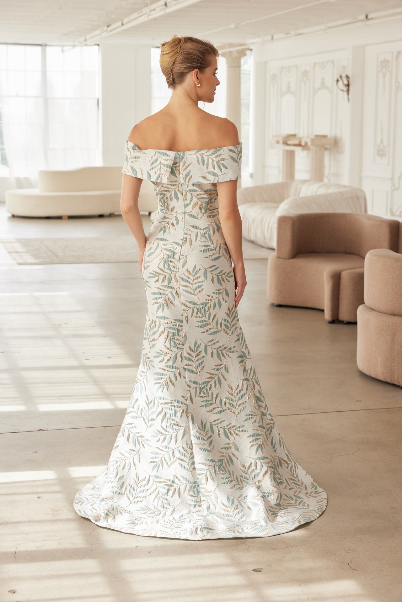 Nox Anabel MJ-134 Off-The-Shoulder Jacquard Leaf Pattern Mother of the Bride Dress