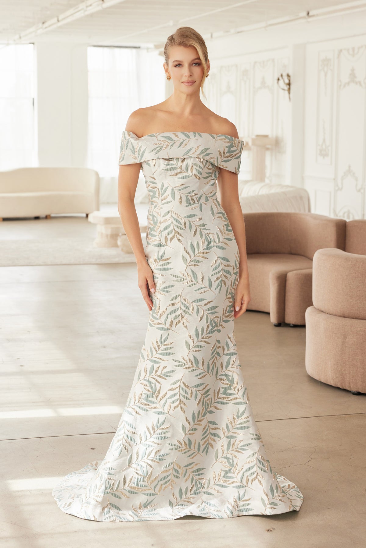 Nox Anabel MJ-134 Off-The-Shoulder Jacquard Leaf Pattern Mother of the Bride Dress