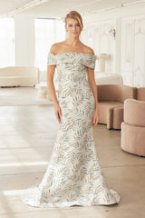 Nox Anabel MJ-134 Off-The-Shoulder Jacquard Leaf Pattern Mother of the Bride Dress