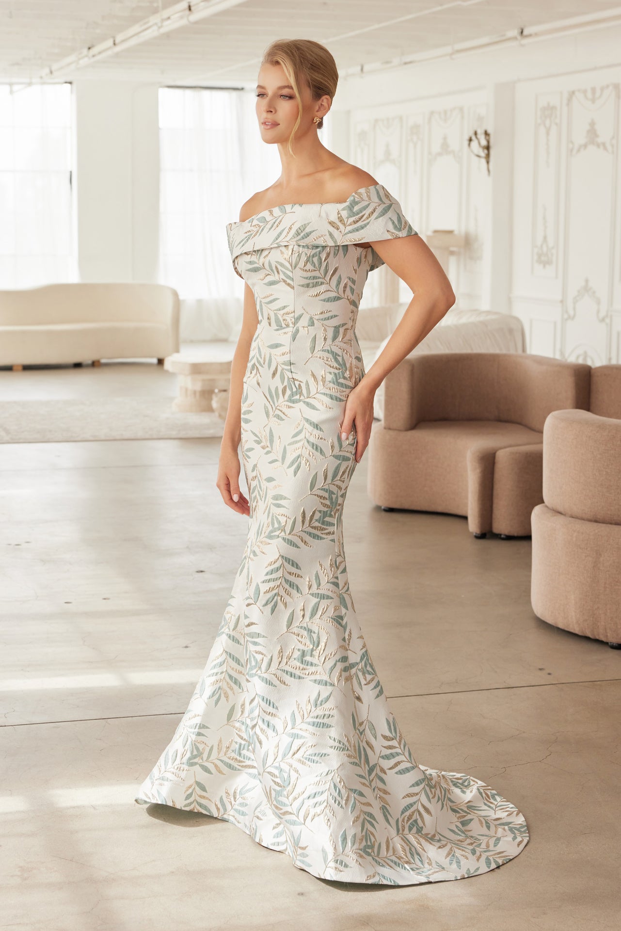 Nox Anabel MJ-134 Off-The-Shoulder Jacquard Leaf Pattern Mother of the Bride Dress