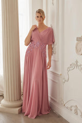 Nox Anabel ME152 Long Chiffon Mother's Gown With Beaded Embroidery And Short Sleeves
