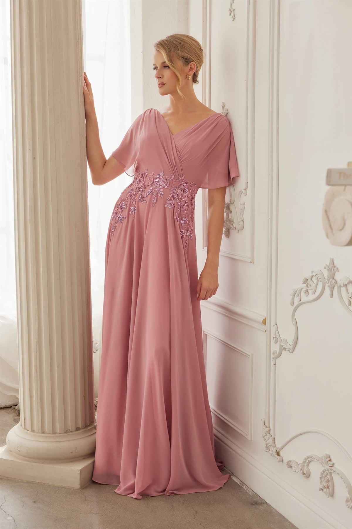 Nox Anabel ME152 Long Chiffon Mother's Gown With Beaded Embroidery And Short Sleeves