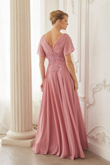 Nox Anabel ME152 Long Chiffon Mother's Gown With Beaded Embroidery And Short Sleeves