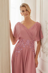 Nox Anabel ME152 Long Chiffon Mother's Gown With Beaded Embroidery And Short Sleeves