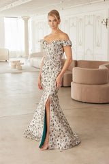 Nox Anabel MJ142 Floral Jacquard Mermaid Mother's Gown With Sweep Train