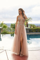 Nox Anabel C1843 Mesh Peaked Neckline Prom Gown With Sequins And Thigh-High Slit