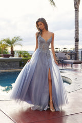 Nox Anabel C1843 Mesh Peaked Neckline Prom Gown With Sequins And Thigh-High Slit