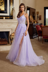 Nox Anabel H1882 Fit and Flare Tulle Prom Gown with Lace Up Back and Court Train