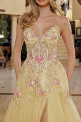 Nox Anabel Q1773 Shimmer Tulle Prom Gown With Floral Embroidery and Sweep Train