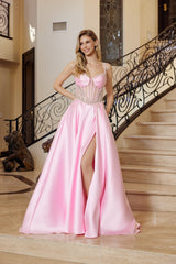 Nox Anabel Q1775 Satin Prom Gown With Sheer Bodice and Court Train