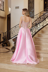 Nox Anabel Q1775 Satin Prom Gown With Sheer Bodice and Court Train
