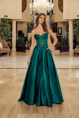 Nox Anabel Y1798 Shiny Satin A-Line Prom Gown With Pockets and Train