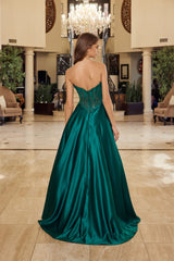 Nox Anabel Y1798 Shiny Satin A-Line Prom Gown With Pockets and Train