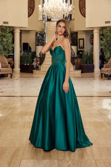 Nox Anabel Y1798 Shiny Satin A-Line Prom Gown With Pockets and Train