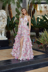 Nox Anabel Q1776 Chiffon Floral Print Layered Halter Style Prom Gown